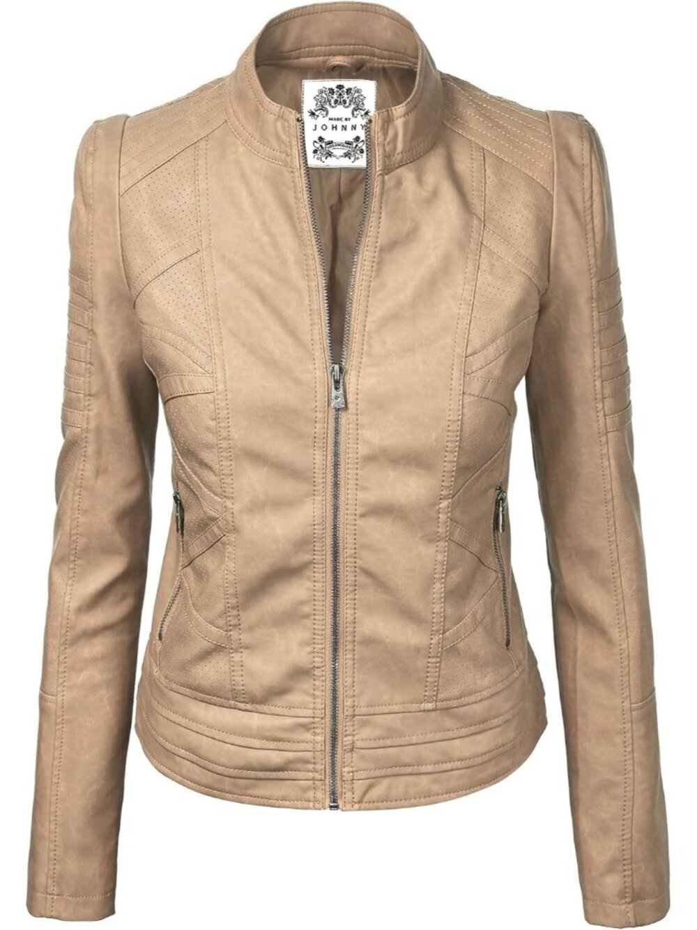 〽️Women's Khaki Faux Leather Stitching Long Sleeve Zip Up Moto Biker Jackets